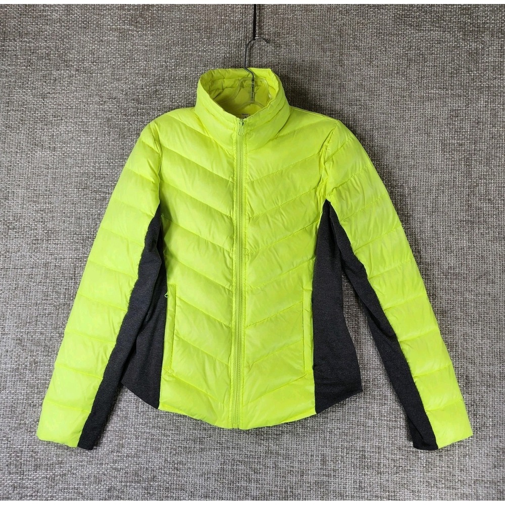 Alo Yoga Down Puffer Jacket Womens Small Neon Yellow Gray Stretch Slim Fit